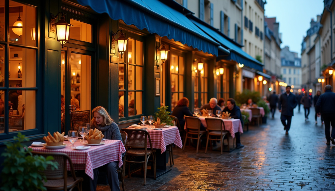 Vue extérieure d'un restaurant typique du centre-ville de Metz, ambiance chaleureuse en soirée