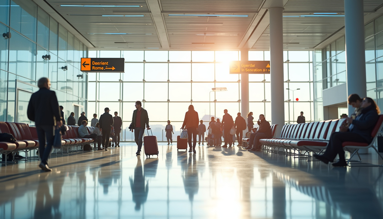 Vue intérieure du terminal principal de l'aéroport Fiumicino avec passagers et signalétique claire