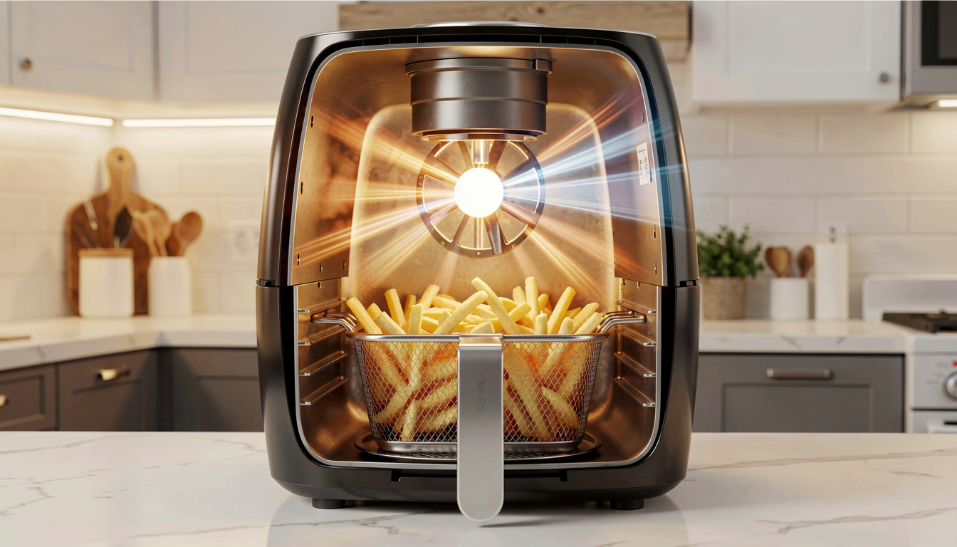 Vue intérieure d'une friteuse Ninja Air Fryer montrant le système de circulation d'air chaud