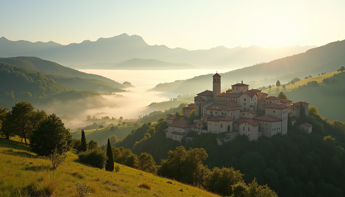 Vue panoramique du village de Ruoms entouré de collines verdoyantes