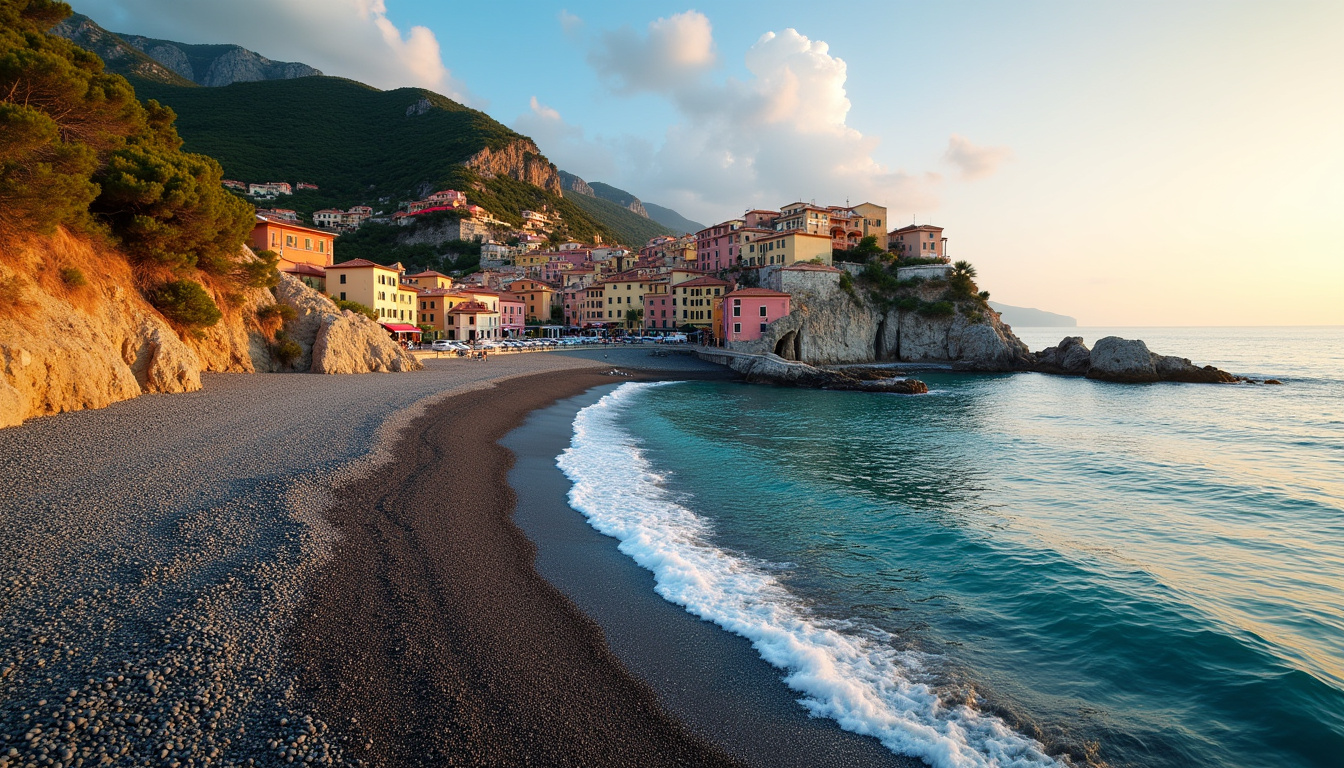 Vue panoramique sur la plage de galets noirs de Nonza, en contrebas du village perché du Cap Corse